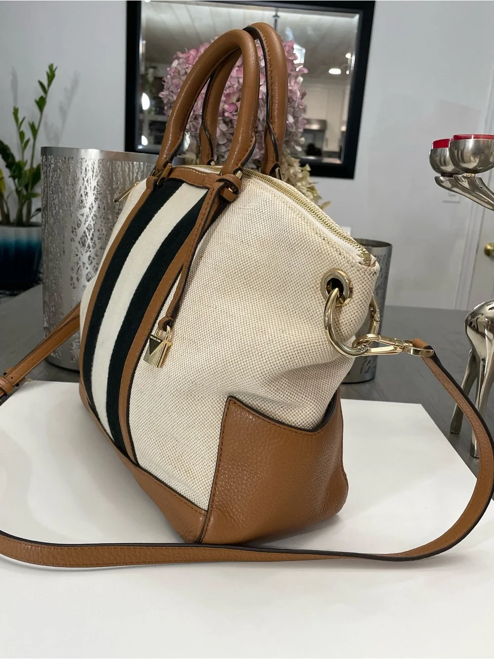 Michael Kors Canvas Leather Satchel Crossbody Bag Stripe Large Beige Brown Tot